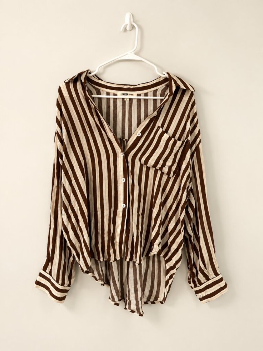 Miken Swim Brown Cream Striped Button-Up Cover-Up Shirt S